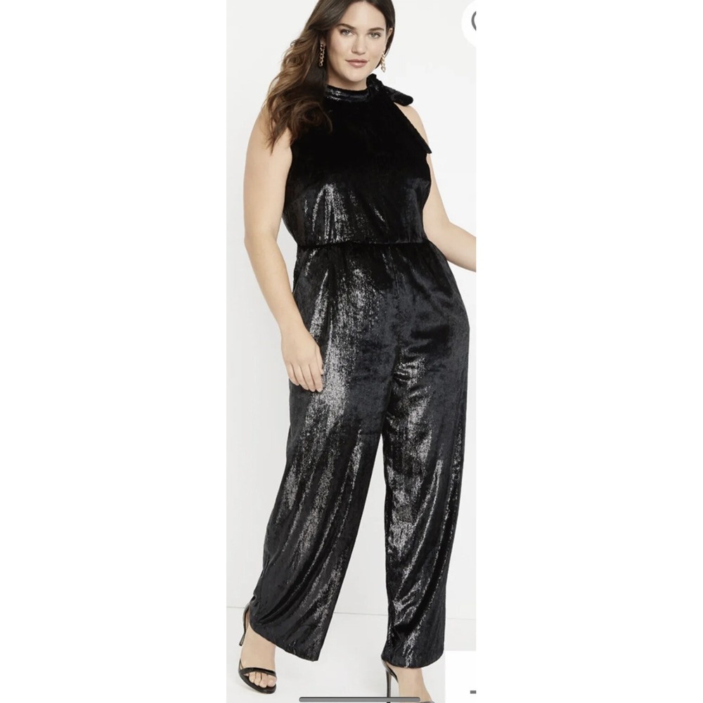 NWT ELOQUII velvet lurex black jumpsuit size 24 inseam 28” pockets machine wash
